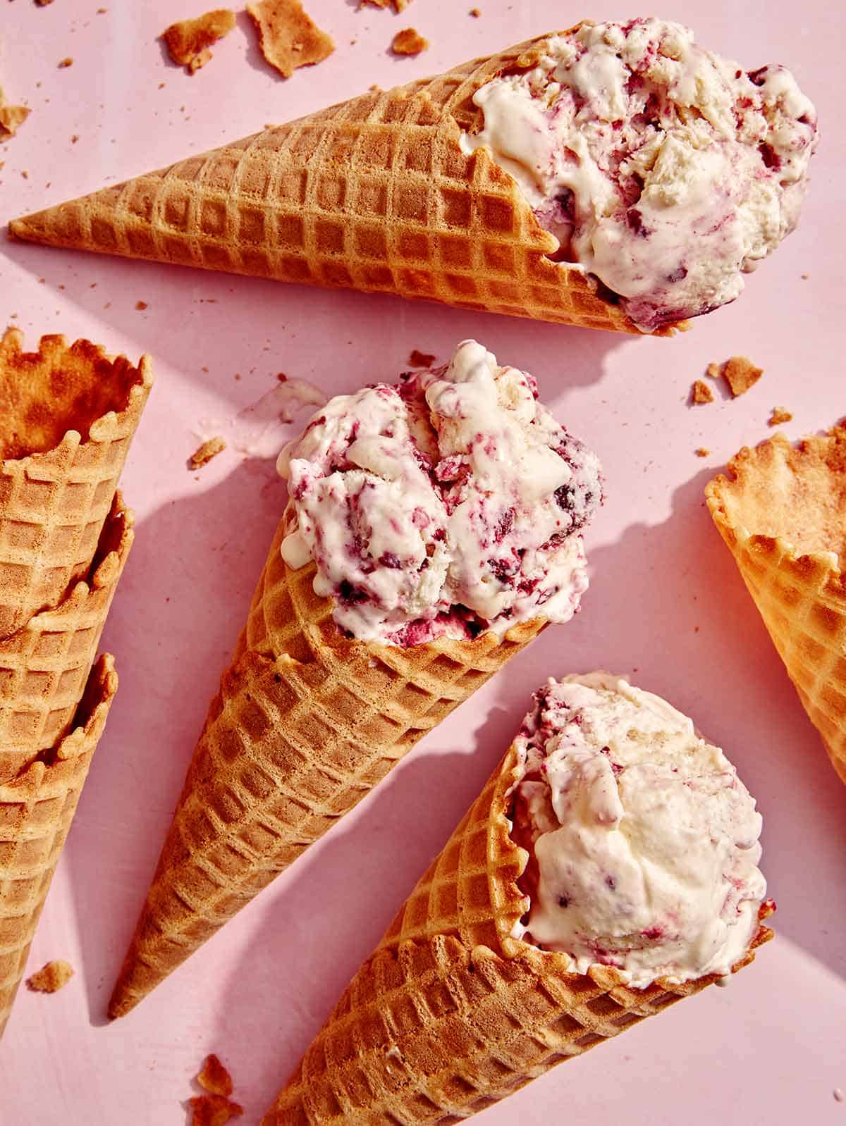 Waffle cones filled with no churn ice cream.