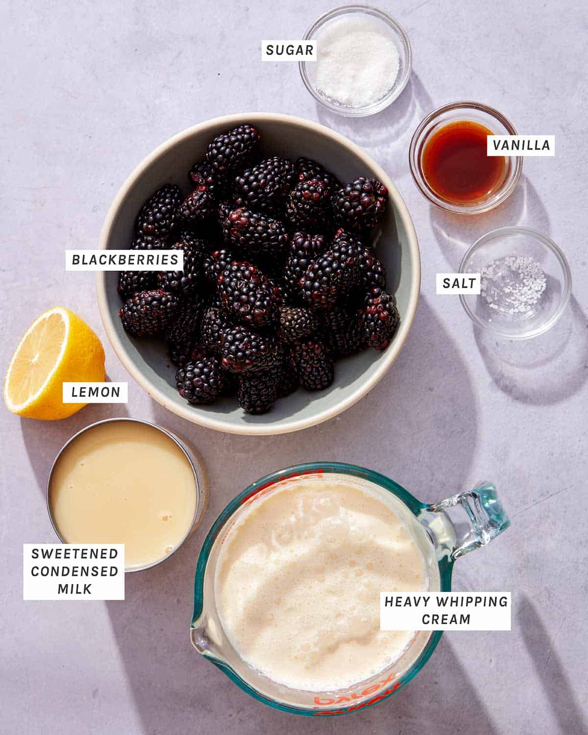 No churn ice cream ingredients on a kitchen counter. 