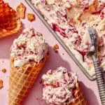No churn ice cream with waffle cones next to the container.