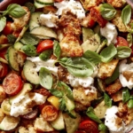 Close up on a bowl filled with panzanella salad.