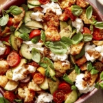 Panzanella salad in a bowl with fresh herbs on top.