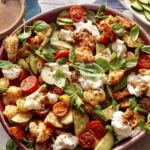 Panzanella salad in a bowl with fresh herbs next to it.