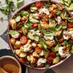 Panzanella salad ready to be served with fresh herbs and ingredients next to it.