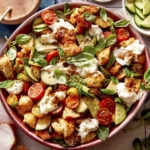 Panzanella salad on a counter with salt and pepper and dressing next to it.