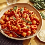Spicy rigatoni in a bowl with a fork on the side and some cheese and basil on the table.