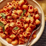 Spicy rigatoni in a bowl up close with a fork on the side.