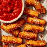 Close up on a platter of fried zucchini with marinara sauce next to it.