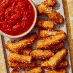 Close up on a platter of fried zucchini with marinara sauce next to it.