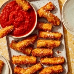 Fried zucchini on a platter being served to guests.