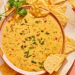 Queso in a bowl with some chips on the side.