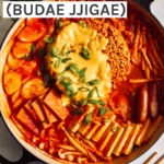 Korean Army Stew or Budae Jjigae in a pot ready to be served.