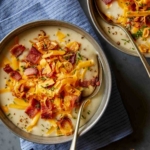 A bowl of loaded baked potato with a spoon in it.