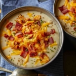 Loaded baked potato soup recipe served in two bowls.