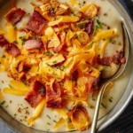 Up close on a bowl of baked potato soup with a spoon in it.