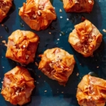 Crispy brie bites on a platter with honey and nuts.