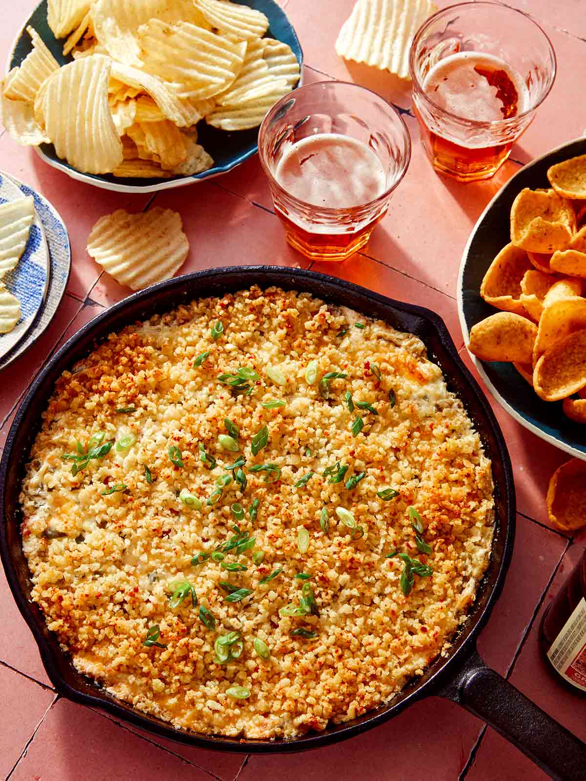 Jalapeño popper dip in a cast iron skillet ready to be served.
