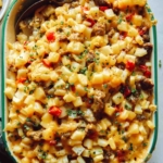 Breakfast Casserole in a baking dish with chives on the side.