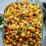Breakfast Casserole in a baking dish with chives on the side.