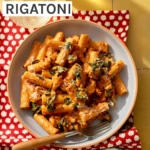 Kale and sausage rigatoni pasta in a bowl with wine on the side.