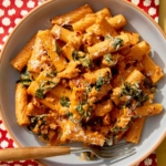 Close up on a bowl of kale and sausage rigatoni in a bowl with a fork.