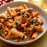 A dinner scene with a bowl of kale and sausage rigatoni with wine in the background.