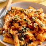 A bowl of kale and sausage rigatoni with a fork on the side.
