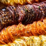 Close up on a plate of root vegetable gratin.