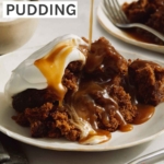 Sticky Toffee pudding recipe in two plates with a fork.