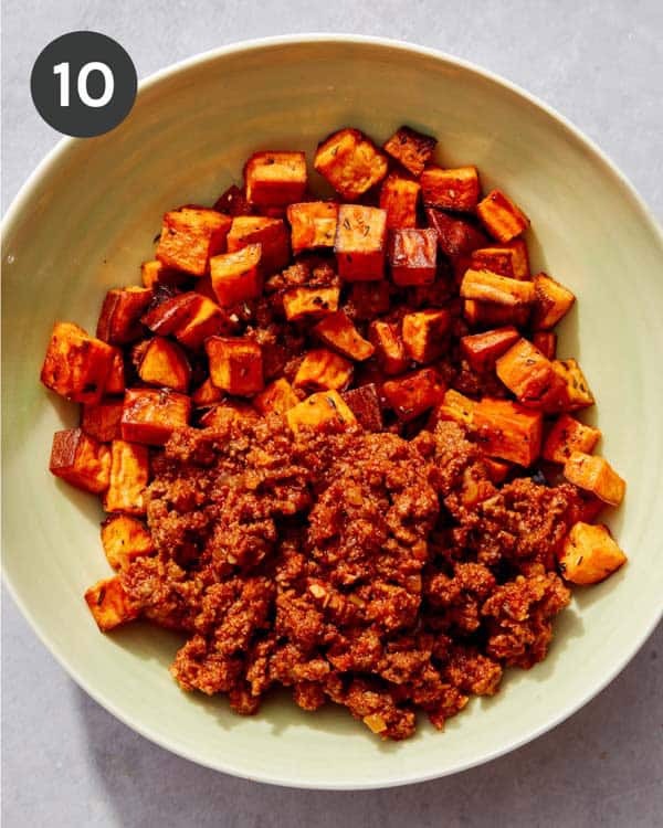 Roasted sweet potatoes and ground beef in a bowl.