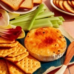 Honey Brûlée Brie being served in a platter with crackers and veggies.