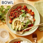 Beef protein bowl with a fork on the side and some cilantro.