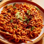 Spicy ramen noodles in a bowl with peanuts and green onions on top.