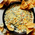 Spinach and artichoke dip in a skillet with chips on the side.