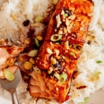 Soy glazed salmon on a bed of rice with a fork.
