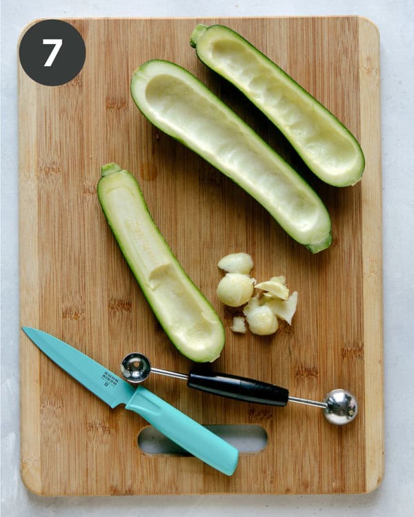 Zucchini hollowed out to make zucchini boats. 