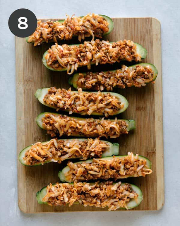 Zucchini boats stuffed and ready to be baked. 