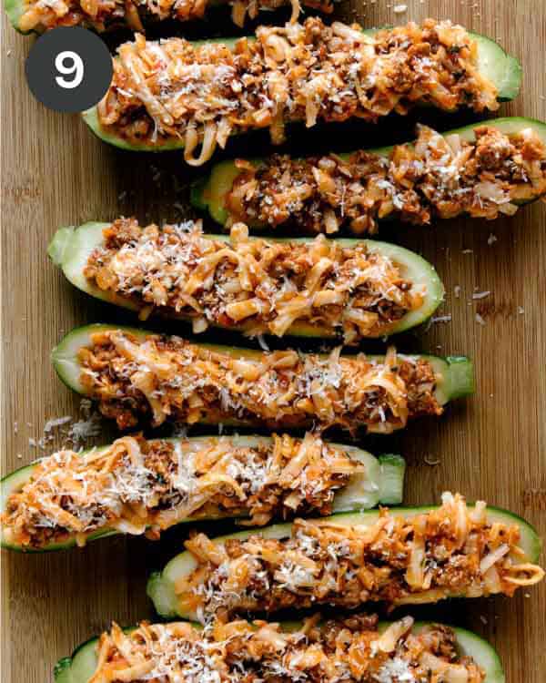 Zucchini boats ready to be baked. 