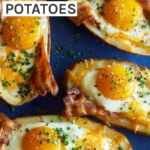 Twice baked breakfast potatoes on a blue plate.