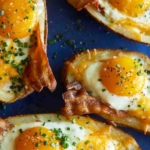 Twice baked breakfast potatoes on a blue plate.
