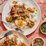 Loco moco recipe card on two plates.