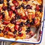 Triple berry bread pudding recipe card.