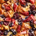 Bread pudding in a baking dish.