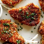 Close up on panko crusted lamb chops on a plate.