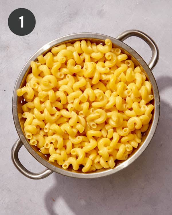Cooked pasta in a colander.