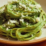 Tallarines Verde recipe in a bowl close up with some queso fresco sprinkled on top.