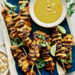 Chicken satay on a platter with lime wedges.