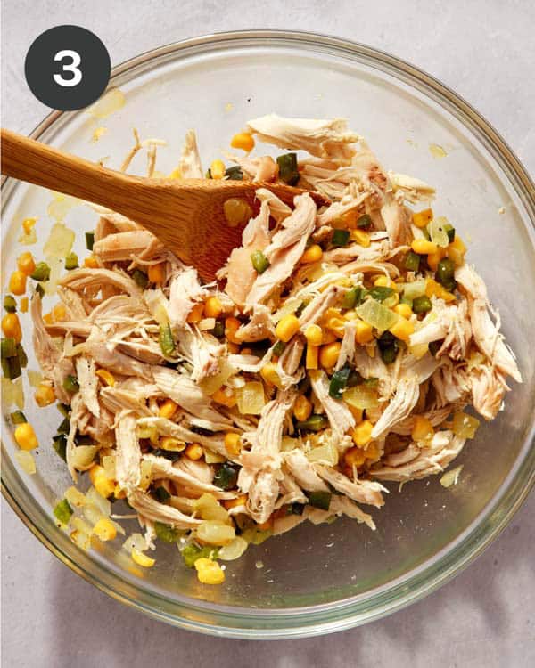 Shredded chicken and an onion mixture in a bowl mixed together.