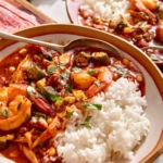 Close up of a bowl of gumbo with rice on the side.