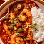 Close up on one big bowl of gumbo with a spoon in it.