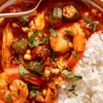 Close up on one big bowl of gumbo with a spoon in it.